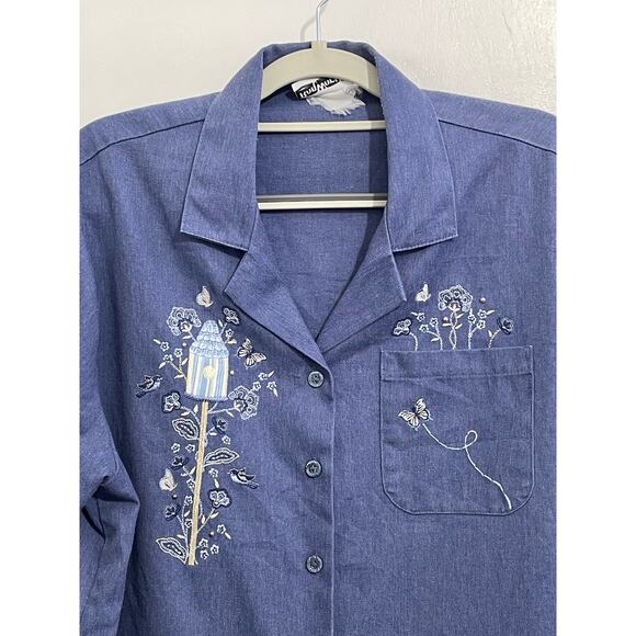 Vintage Bonworth Shacket XXL Blue Embroidered Birdhouse Floral Boho 3/4 Sleeves - Picture 2 of 7